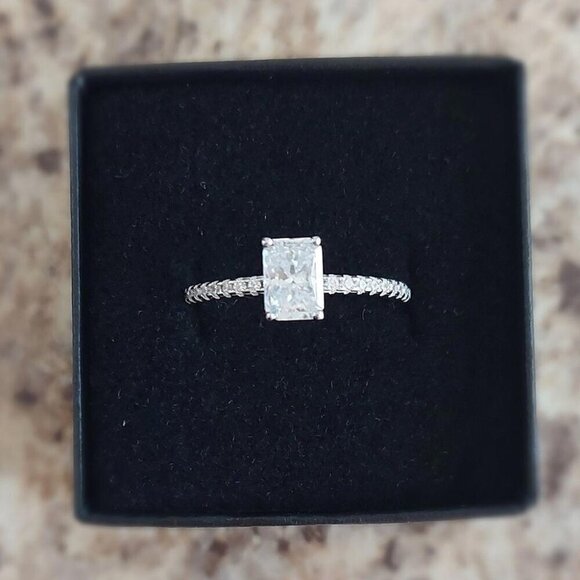 1 Carat Ice Cut Rectangular Moissanite 925 Silver Engagement Wedding Ring - Picture 1 of 13